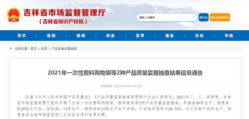 吉林省2021年一次性塑料購物袋及網絡與信息安全軟件開發質量監督抽查結果通告